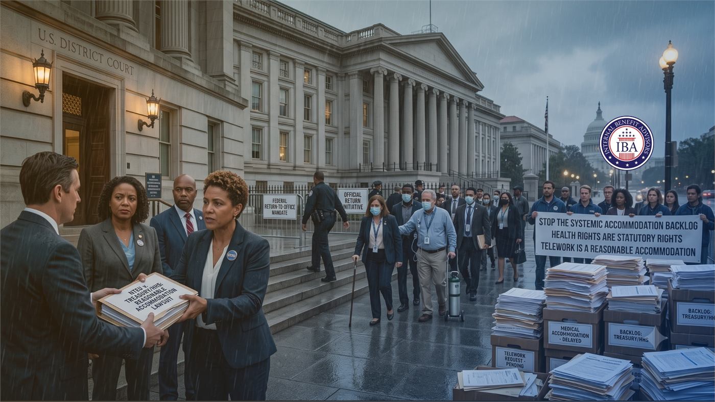 People carrying boxes of files down courthouse steps in the rain, past a sign reading Stop the Systemic Accommodation Backlog