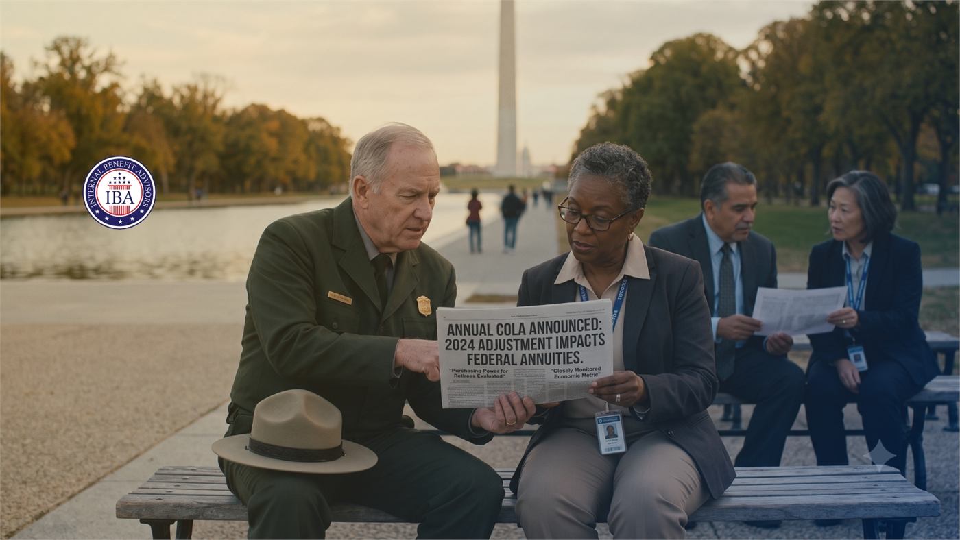 A park ranger and a colleague on a bench reading a notice about the annual COLA and its impact on federal annuities, the Washington Monument behind them