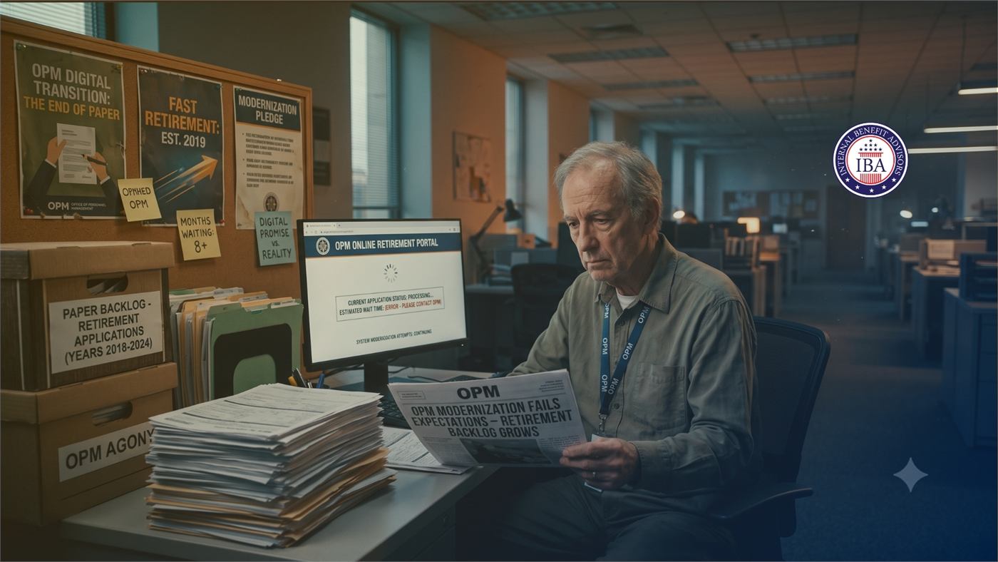 An older man at a desk piled with paper files, beside panels about OPM's digital transition and its backlog of paper retirement applications