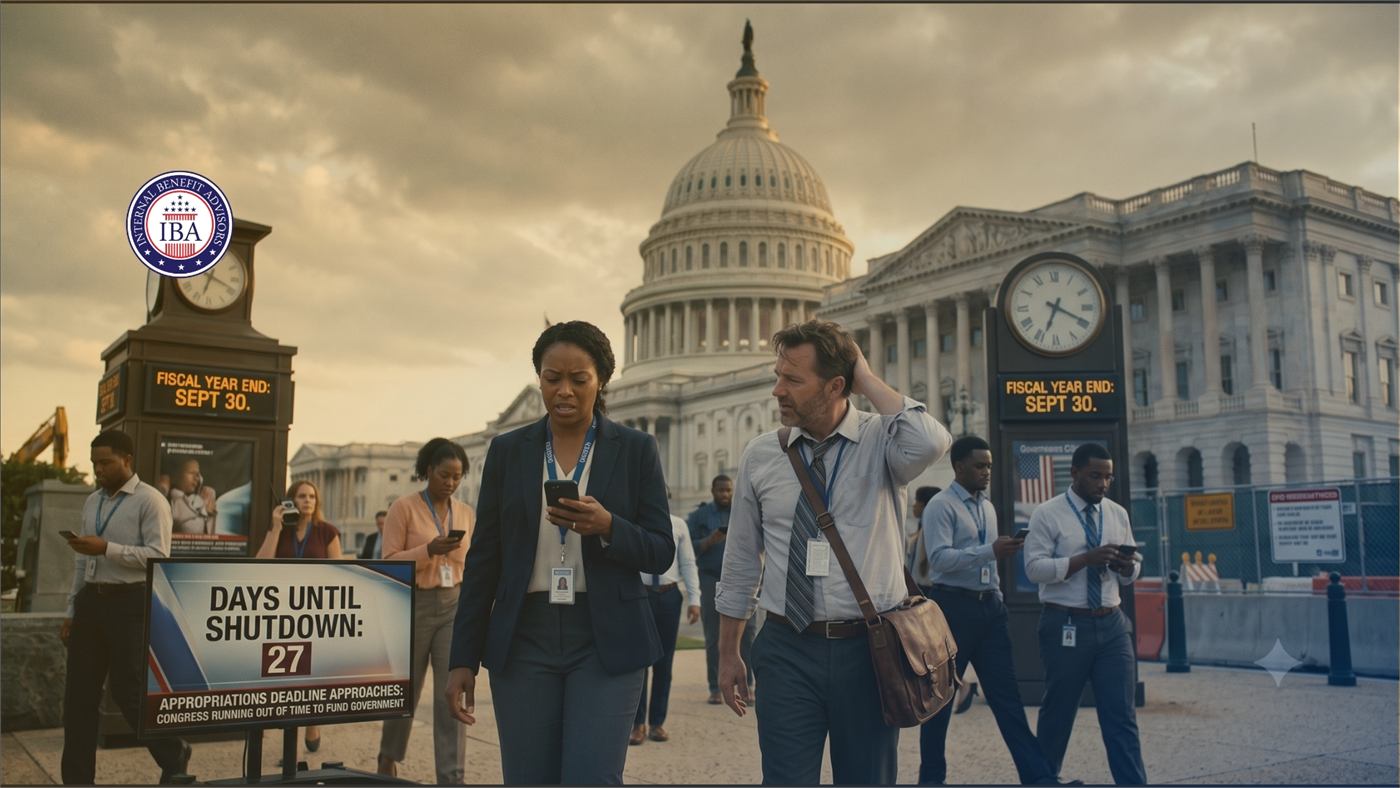 Federal employees walking past signs reading Days Until Shutdown 27 and Fiscal Year End Sept 30, with the Capitol behind them