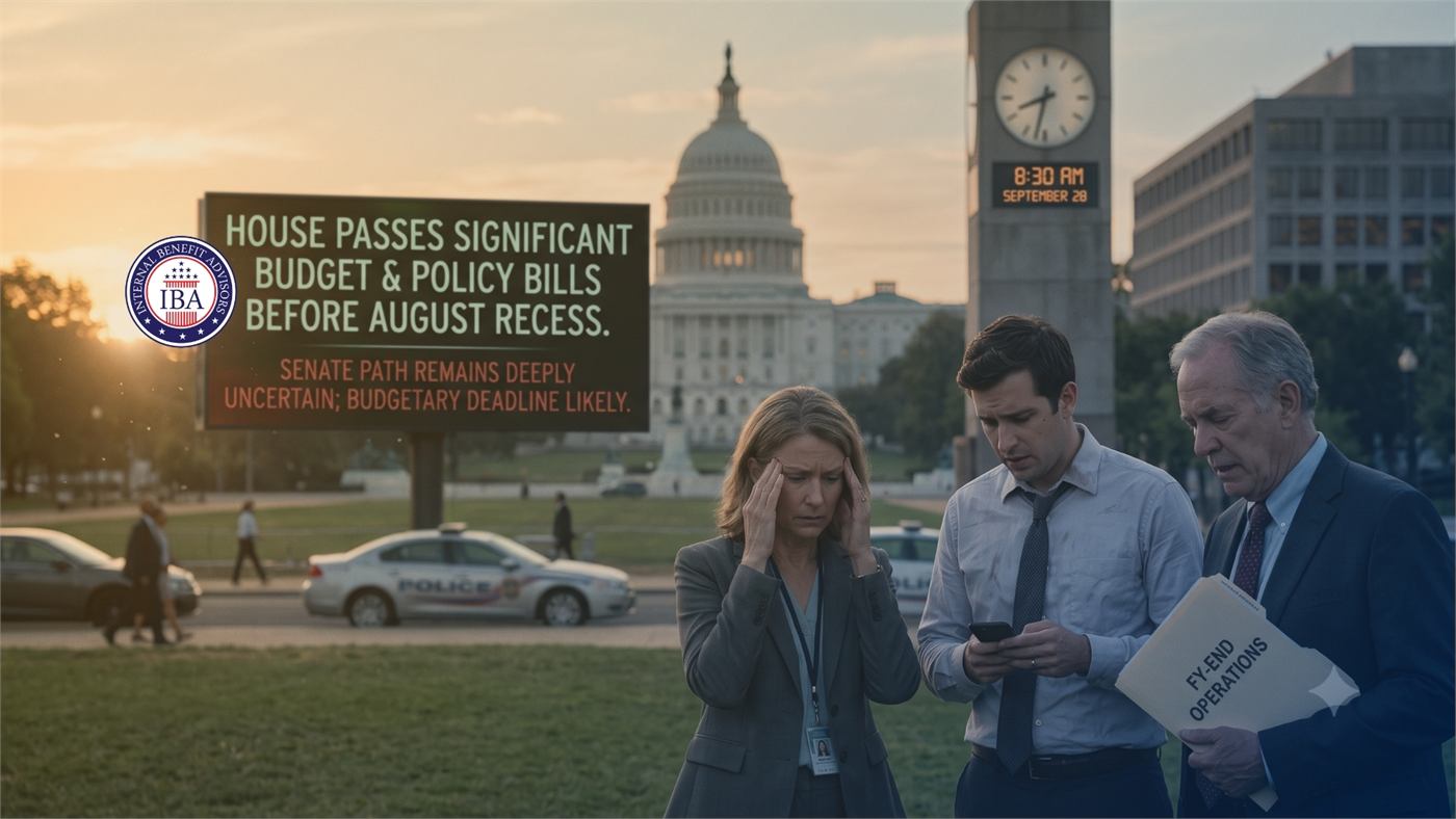 Federal employees reading documents on a lawn beneath a banner reading House Passes Significant Budget and Policy Bills Before August Recess