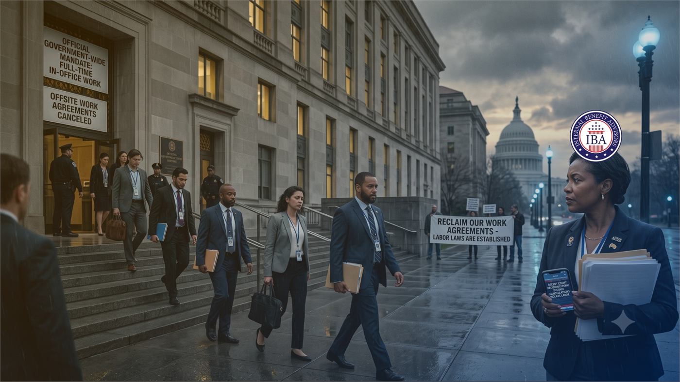 Federal employees leaving a building at dusk, one holding a sign reading Reclaim Our Work Agreements