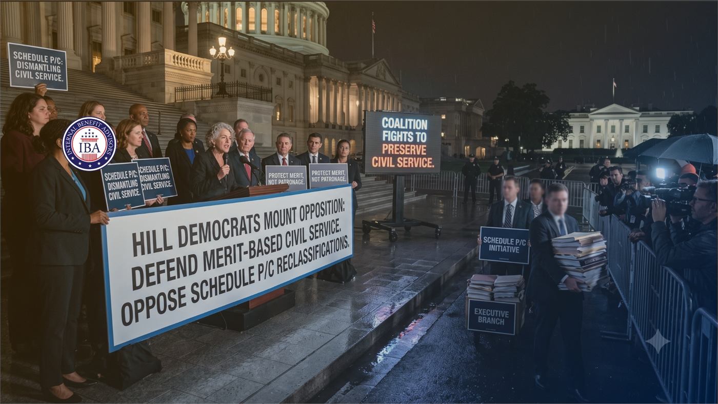 Demonstrators outside the Capitol holding a banner reading Hill Democrats Mount Opposition: Defend Merit-Based Civil Service, Oppose Schedule P/C Reclassifications