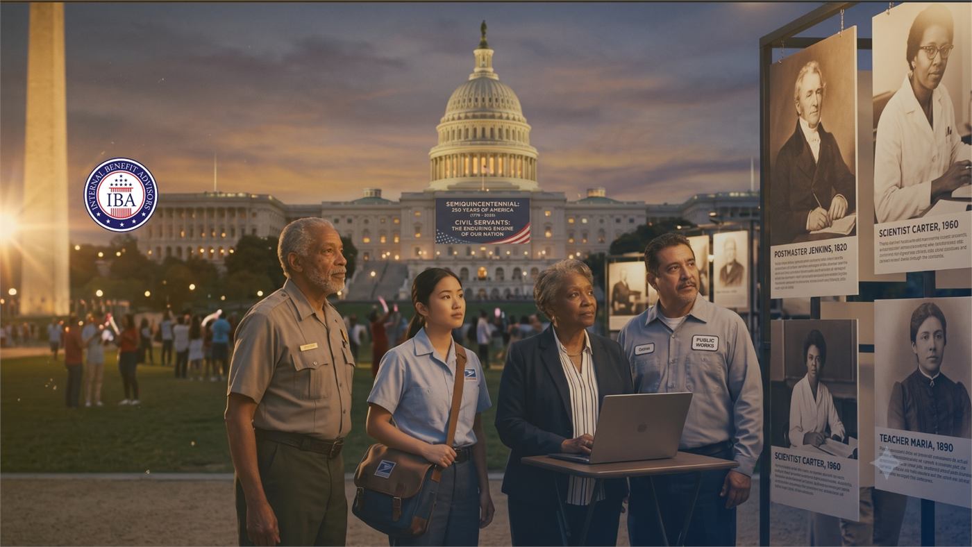Federal workers looking at a display of portraits and civil service history panels, the Capitol lit behind them