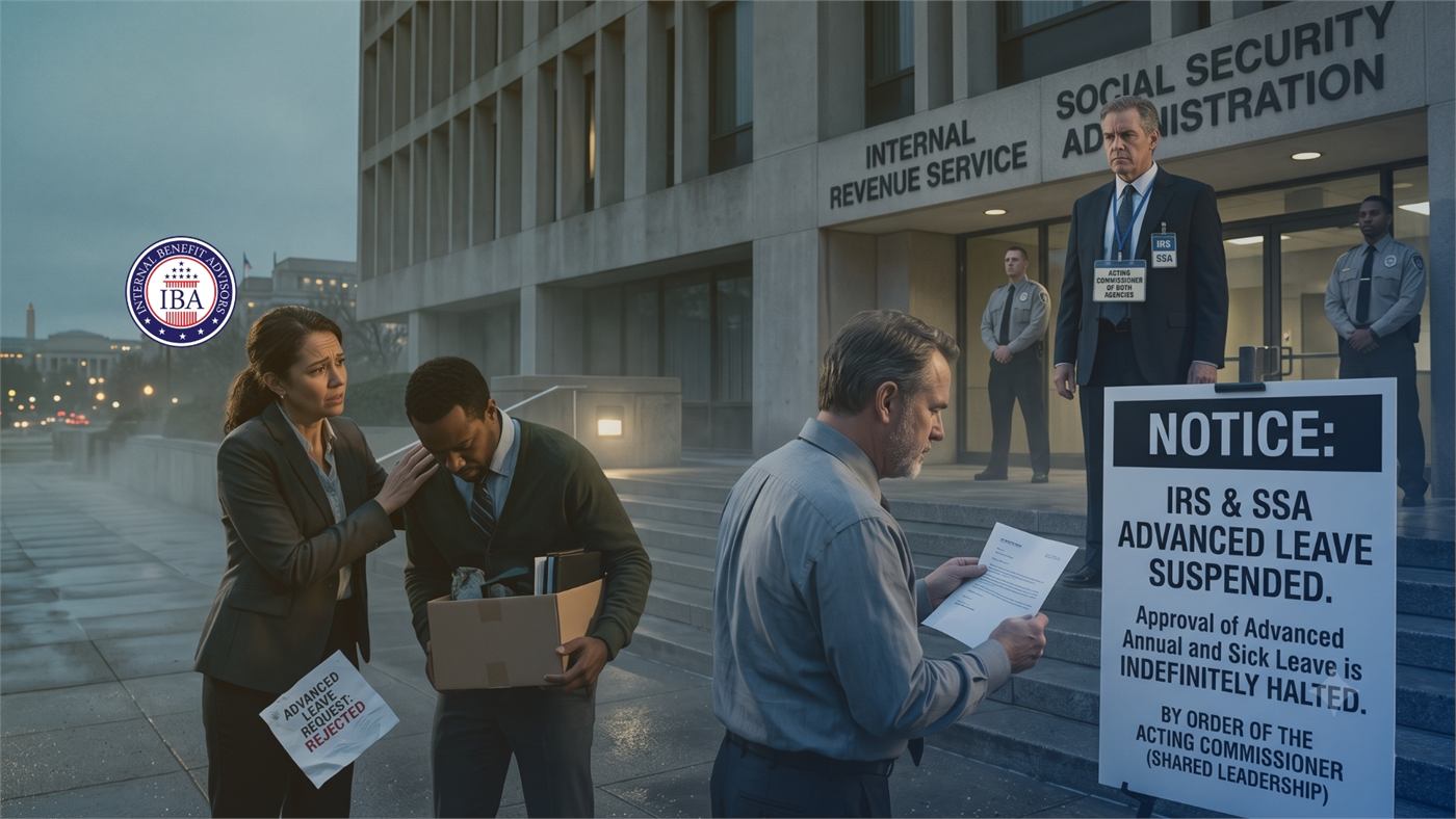 Federal employees outside an Internal Revenue Service and Social Security Administration building beside a notice reading IRS and SSA Advanced Leave Suspended