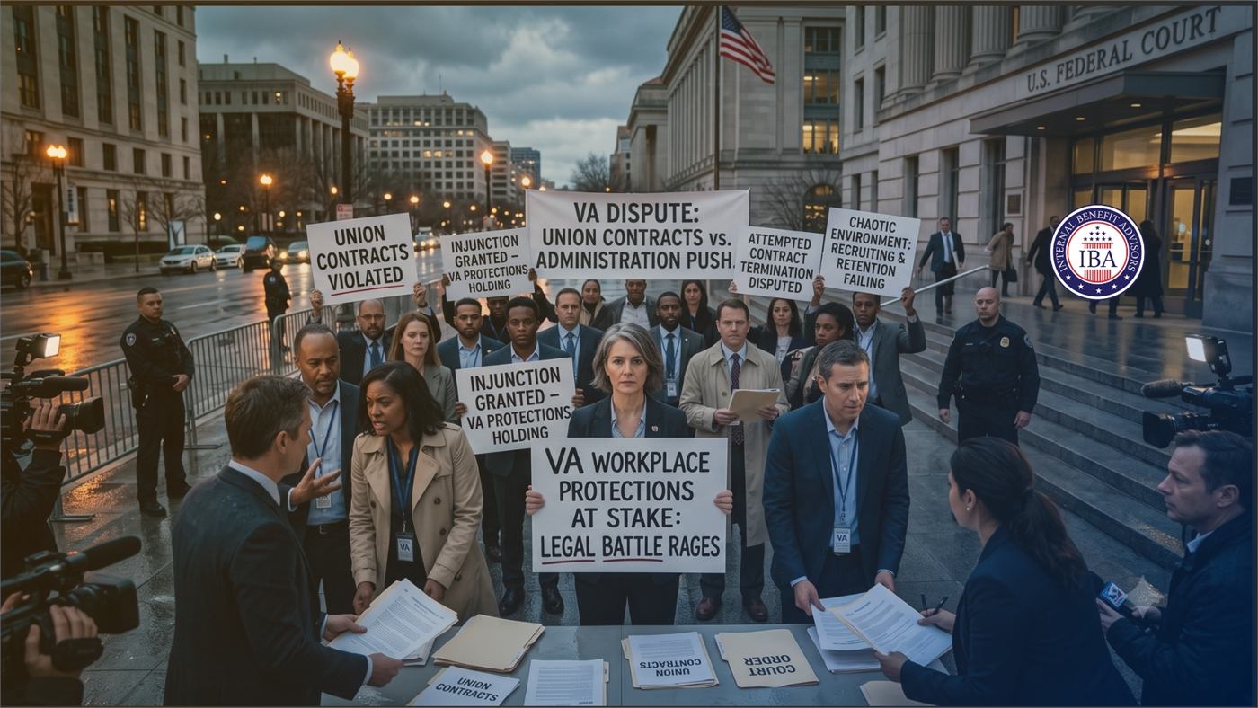Demonstrators outside a federal court holding signs reading VA Dispute: Union Contracts vs Administration Push and VA Workplace Protections at Stake