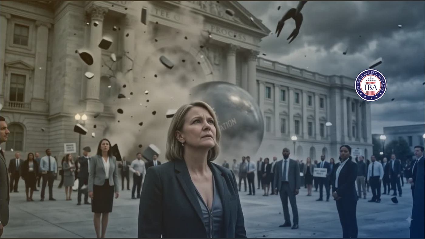 A woman looking up as debris falls from a cracked classical building, a crowd gathered behind her
