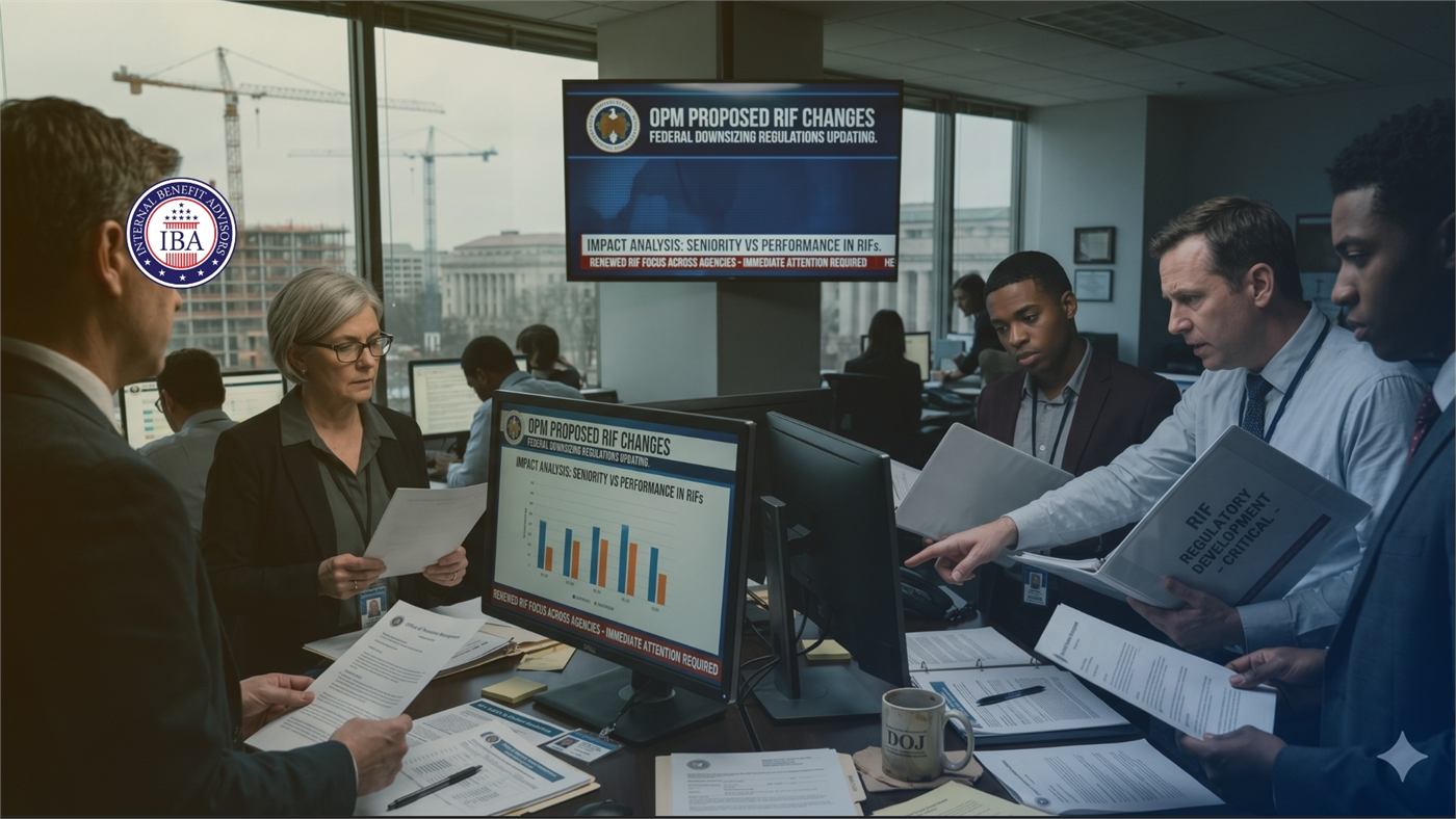Colleagues around monitors showing charts, beneath a banner reading OPM Proposed RIF Changes