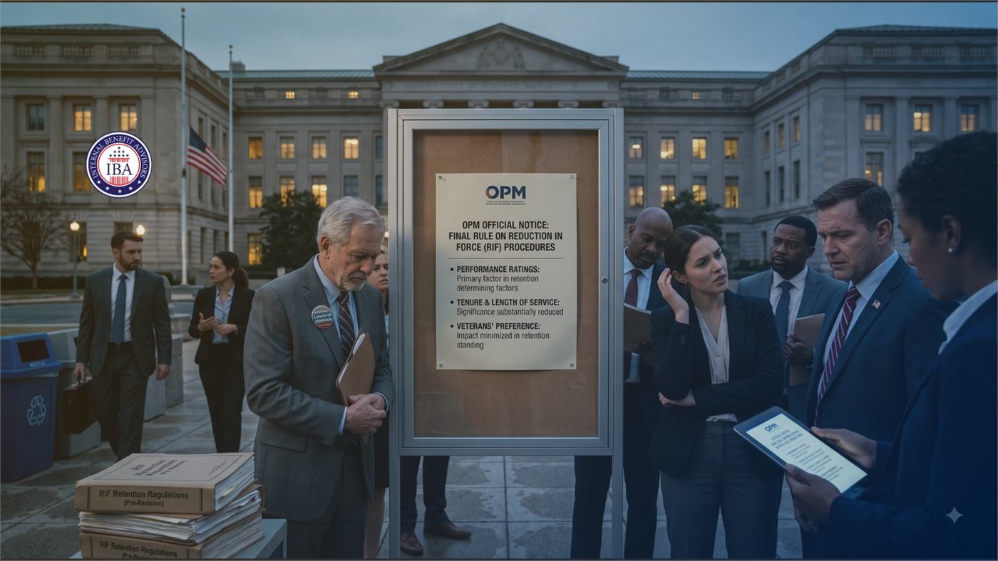 Federal employees reading an OPM official notice posted in a display case outside a government building