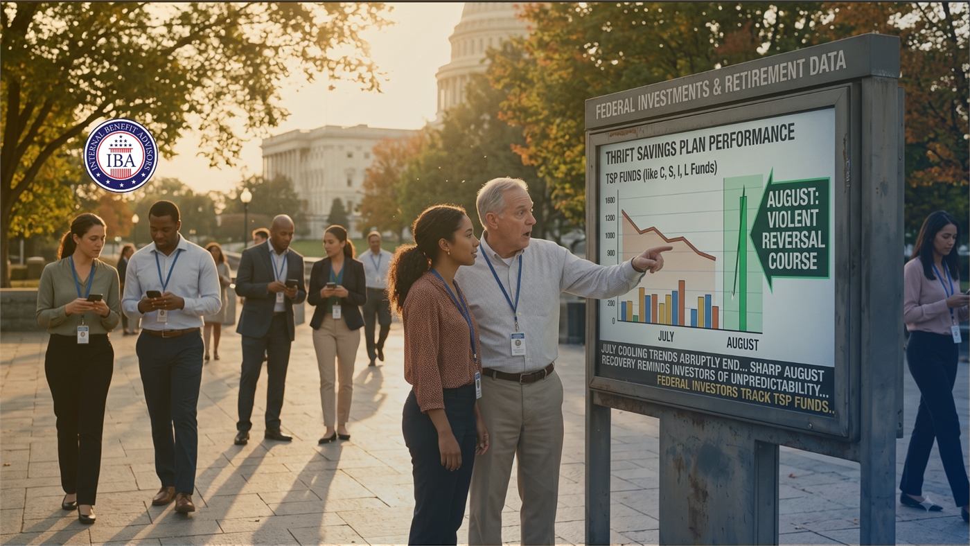 Federal employees outside beside a display board headed Thrift Savings Plan Performance, showing July and August fund results