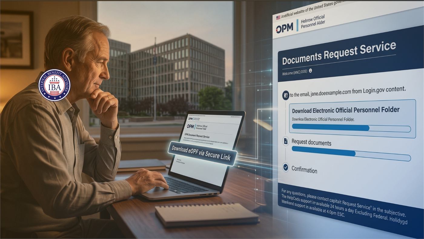 A man at a laptop showing an OPM Documents Request Service page for downloading an electronic official personnel folder