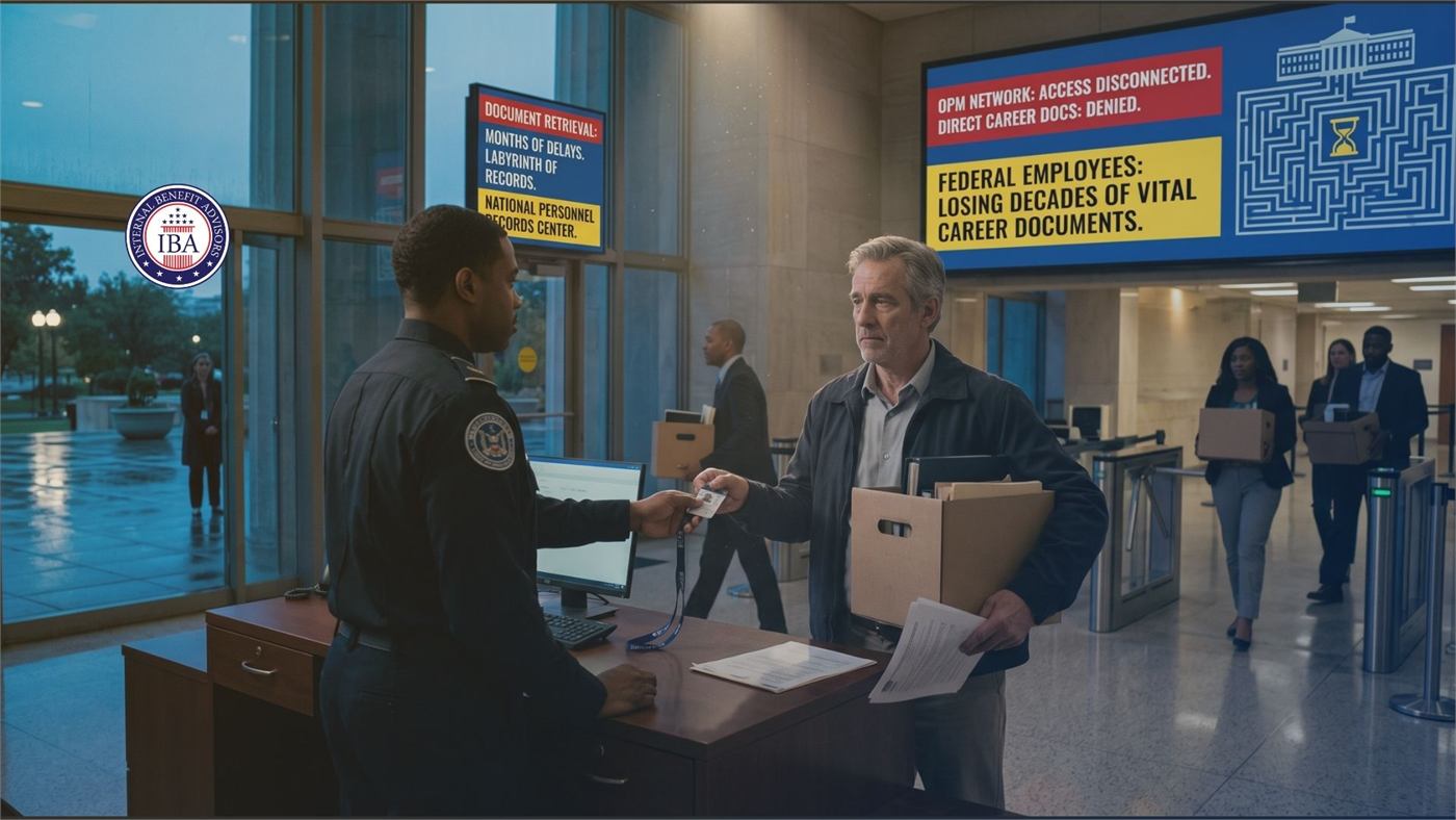 A man handing a card across a reception desk, beneath panels reading OPM Network Access Disconnected and Federal Employees Losing Decades of Vital Career Documents