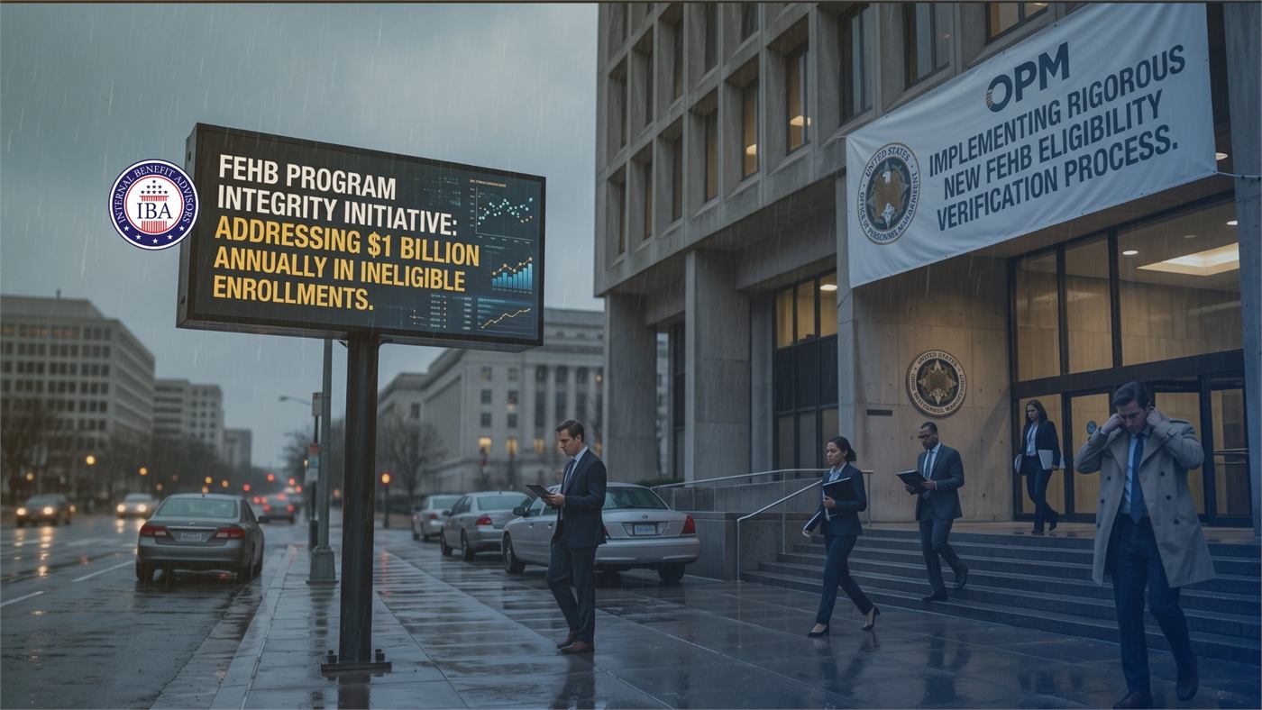 A federal building in the rain beneath banners reading FEHB Program Integrity Initiative, addressing one billion dollars annually in ineligible enrollments