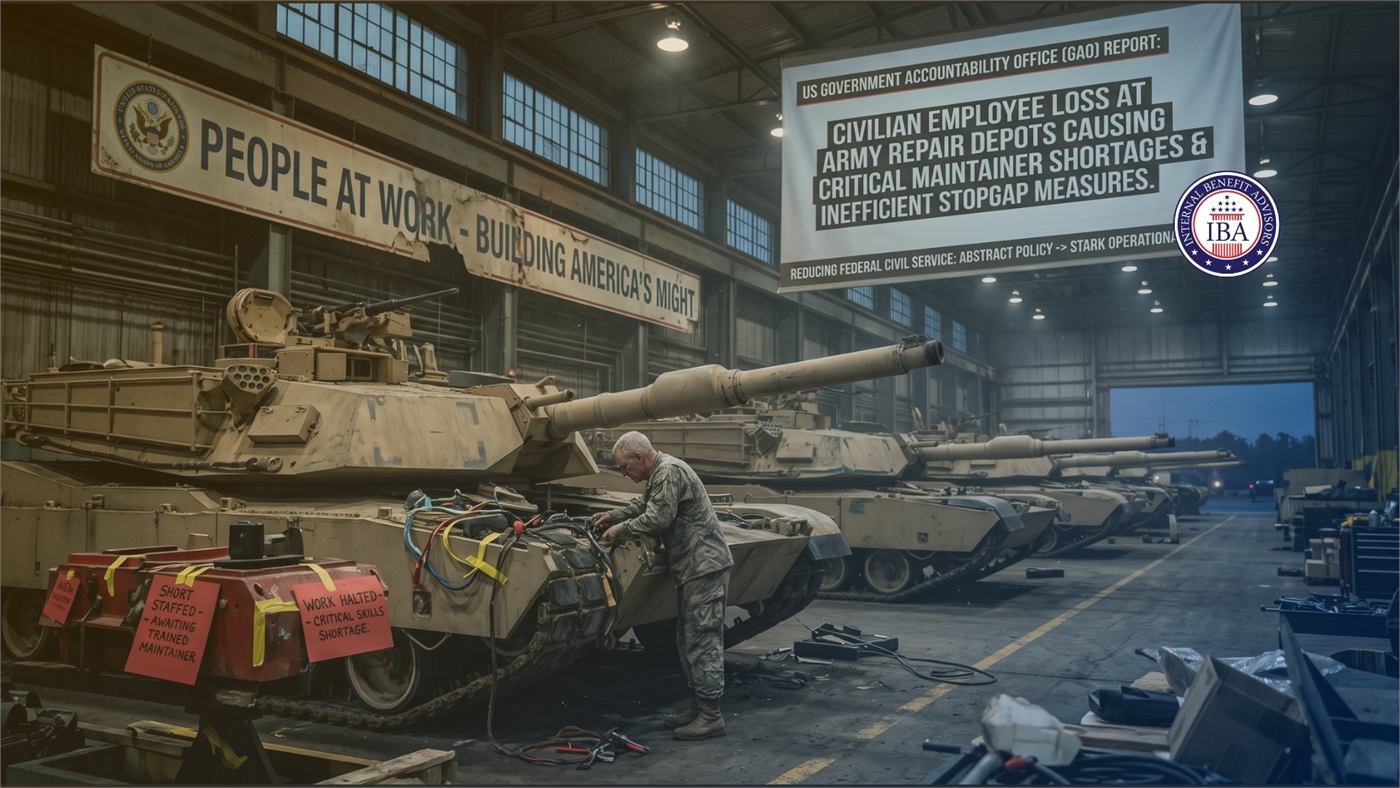 Soldiers and mechanics working on tanks in a maintenance depot beneath a banner reading People at Work, Building America's Might, with a GAO panel on civilian employee losses