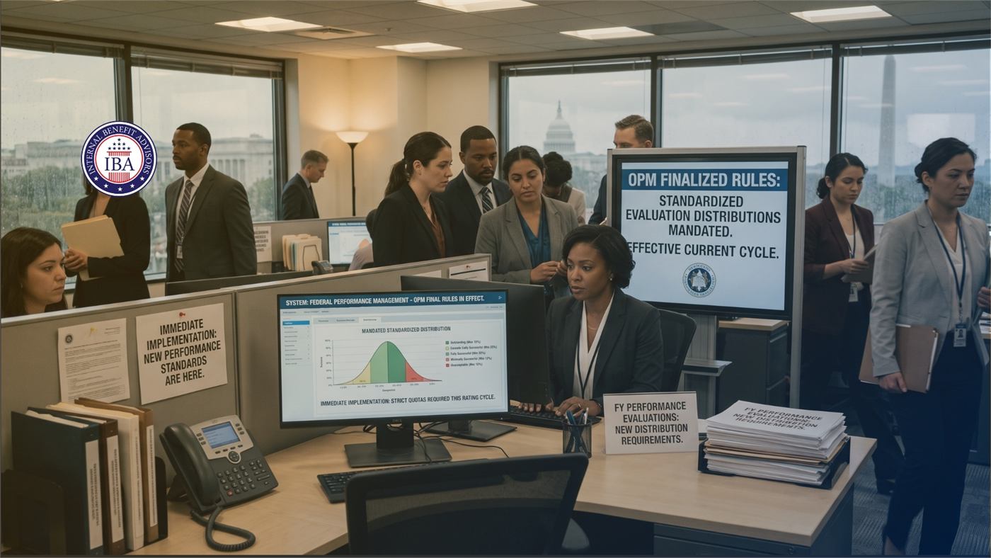 Office workers at monitors beneath a banner reading OPM Finalized Rules: Standardized Evaluation Distributions Mandated