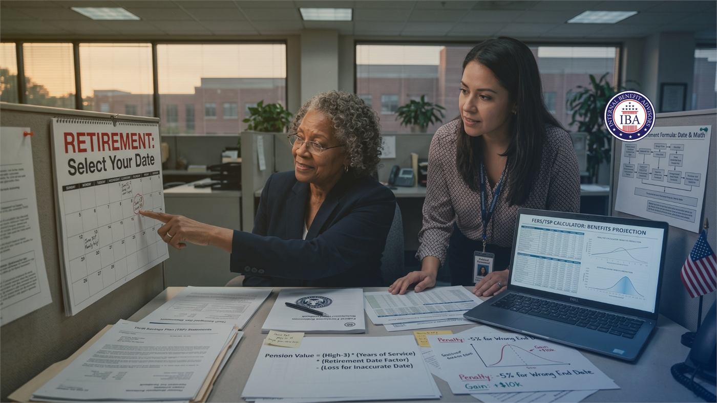 Two women at a desk pointing at a wall calendar headed Retirement: Select Your Date, with annuity documents spread across the desk