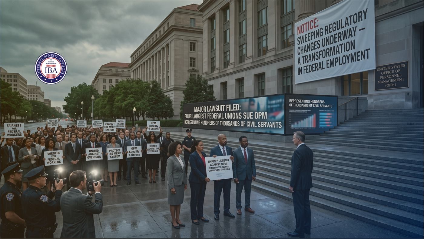 Demonstrators on the steps of a federal building beneath a banner reading Major Lawsuit Filed: Four Largest Federal Unions Sue OPM