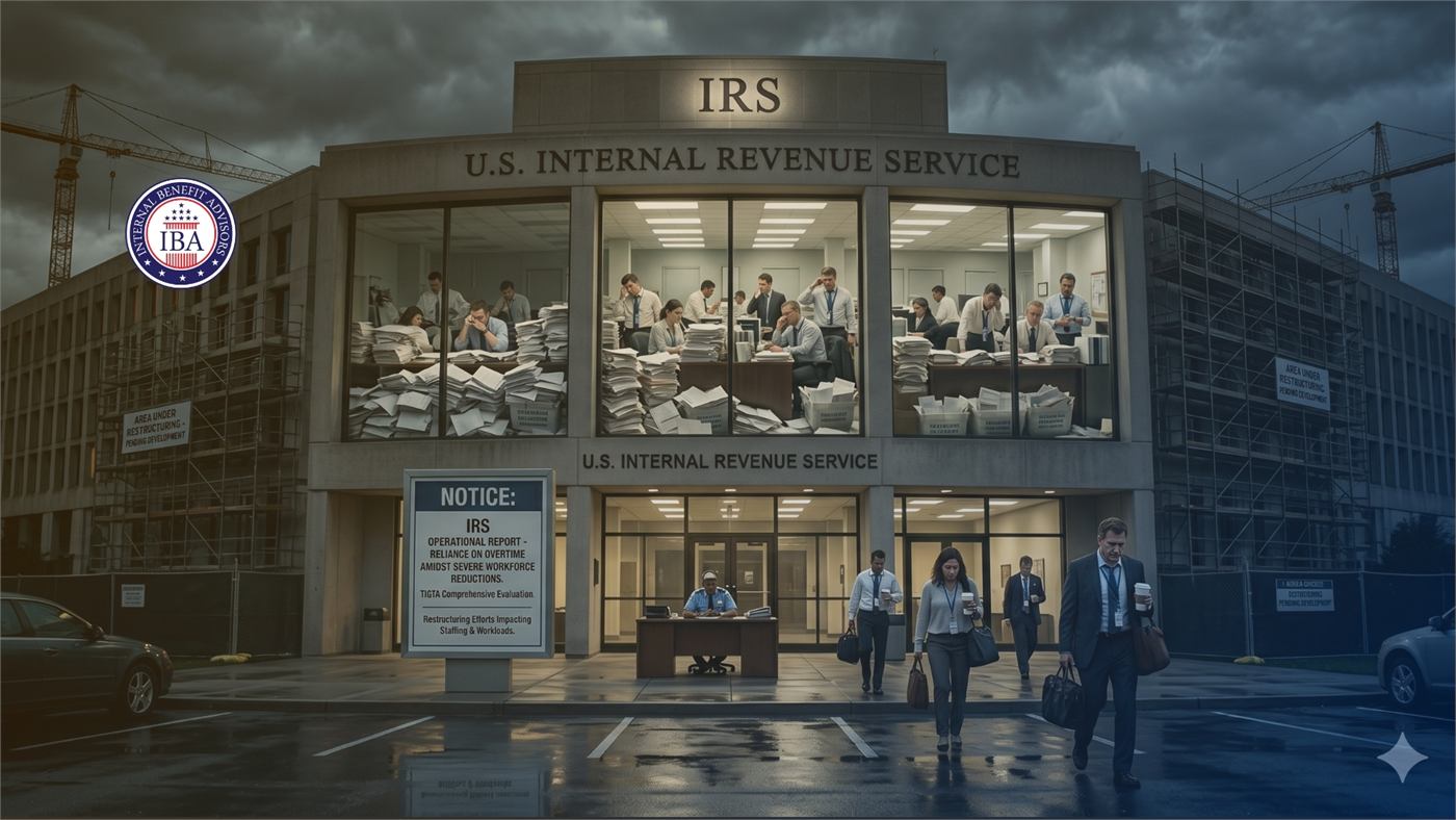 The entrance to a U.S. Internal Revenue Service building under scaffolding, with a notice about operational impact and restructuring