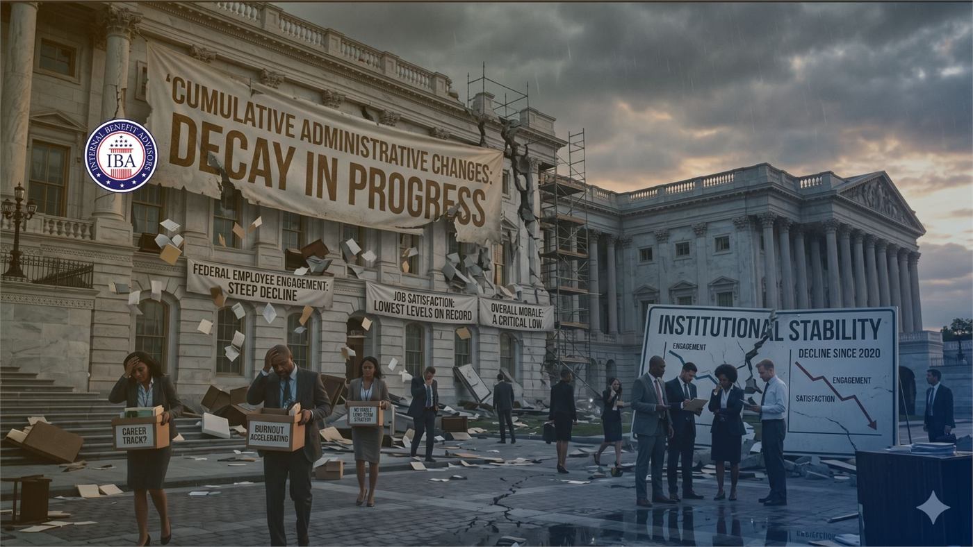 Federal employees carrying boxes past a cracked building beneath banners reading Cumulative Administrative Changes: Decay in Progress and Institutional Stability