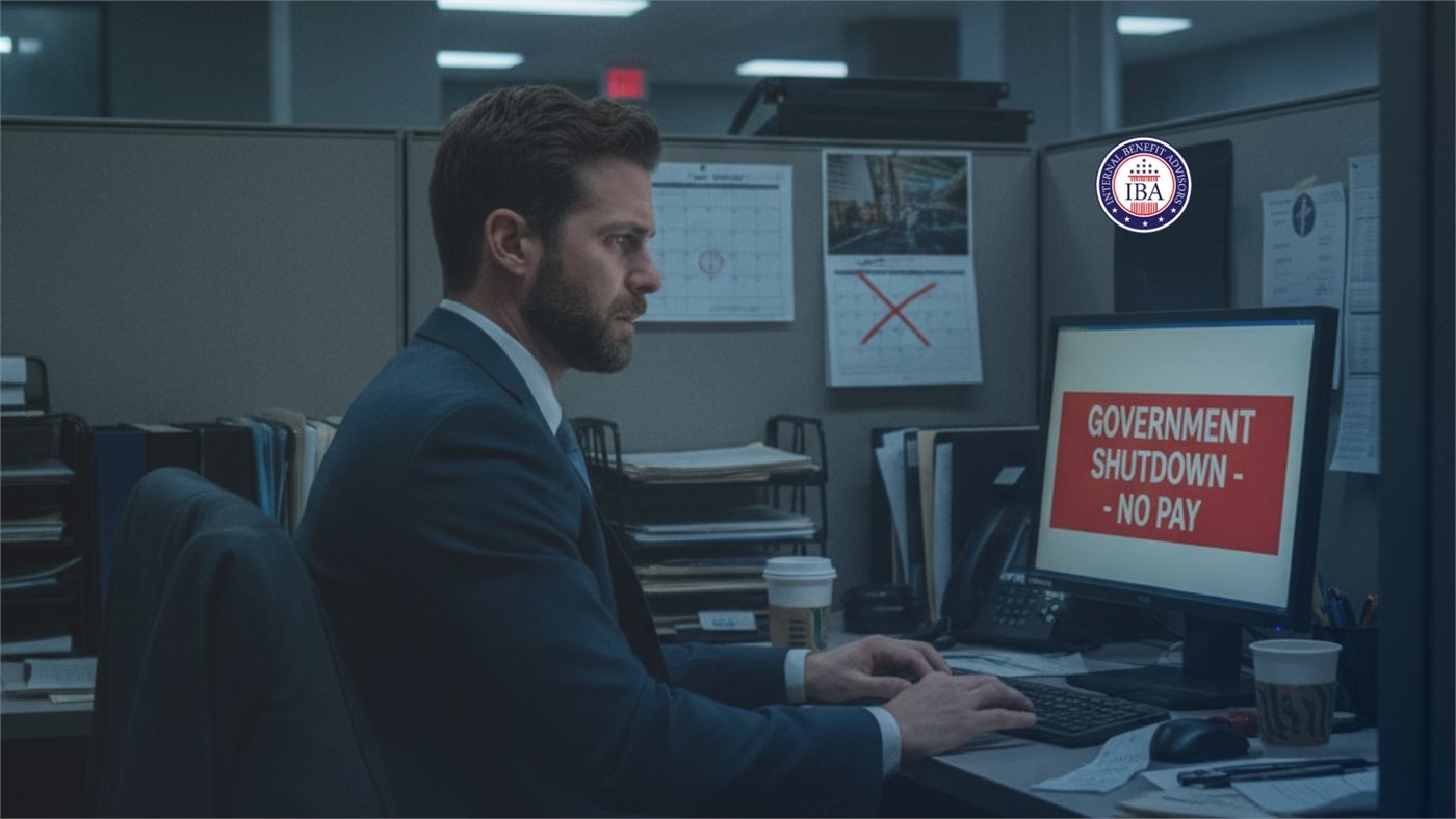 A man at an office desk beside a monitor reading Government Shutdown, No Pay, with a date crossed out on the wall calendar