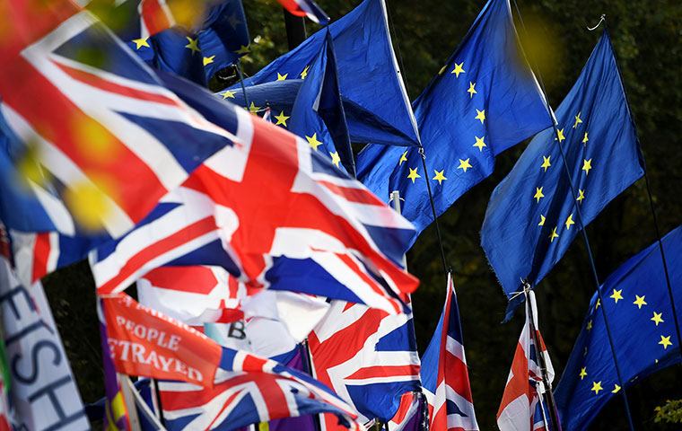 British and European Union flags flying together at a Brexit demonstration
