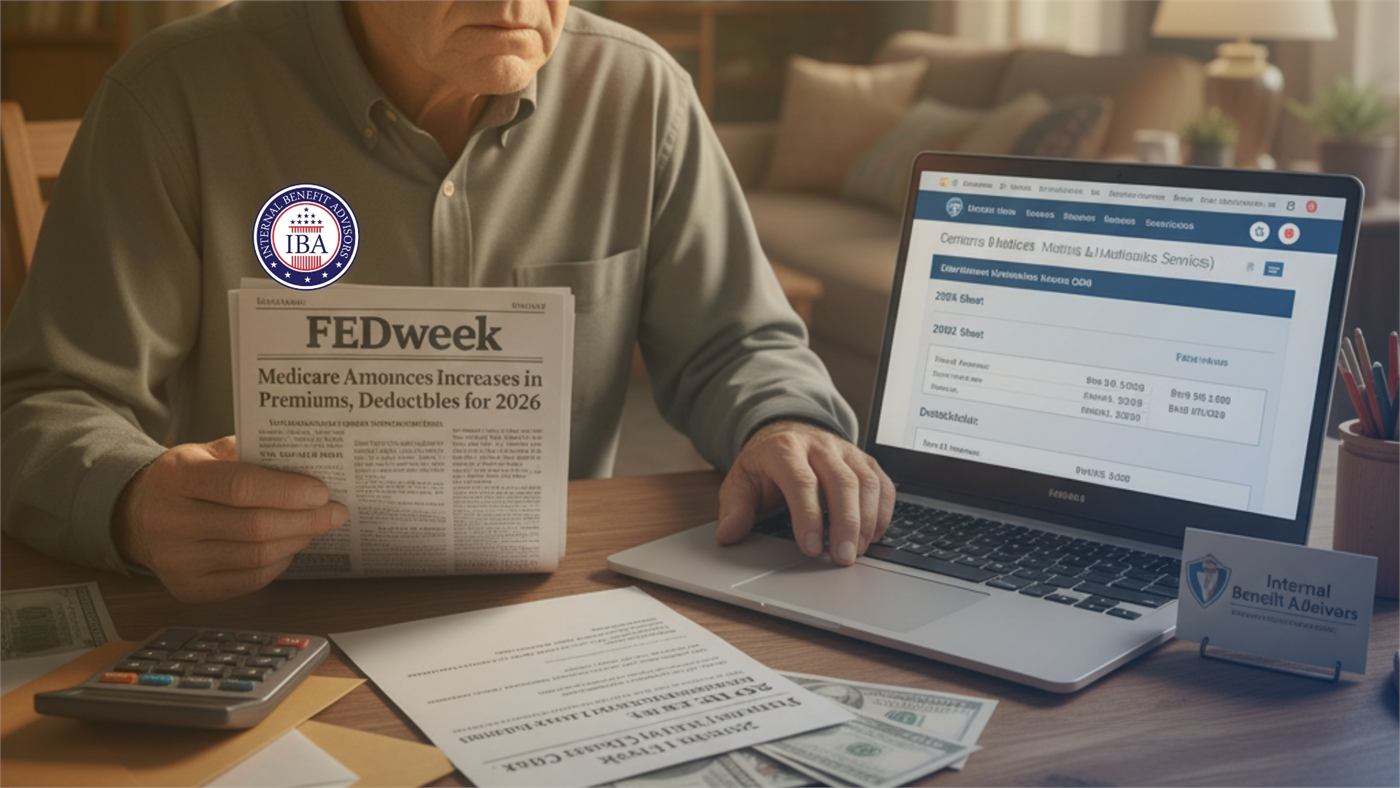 An older man at a desk reading a newspaper headline about Medicare premium and deductible increases for 2026, a laptop open beside him