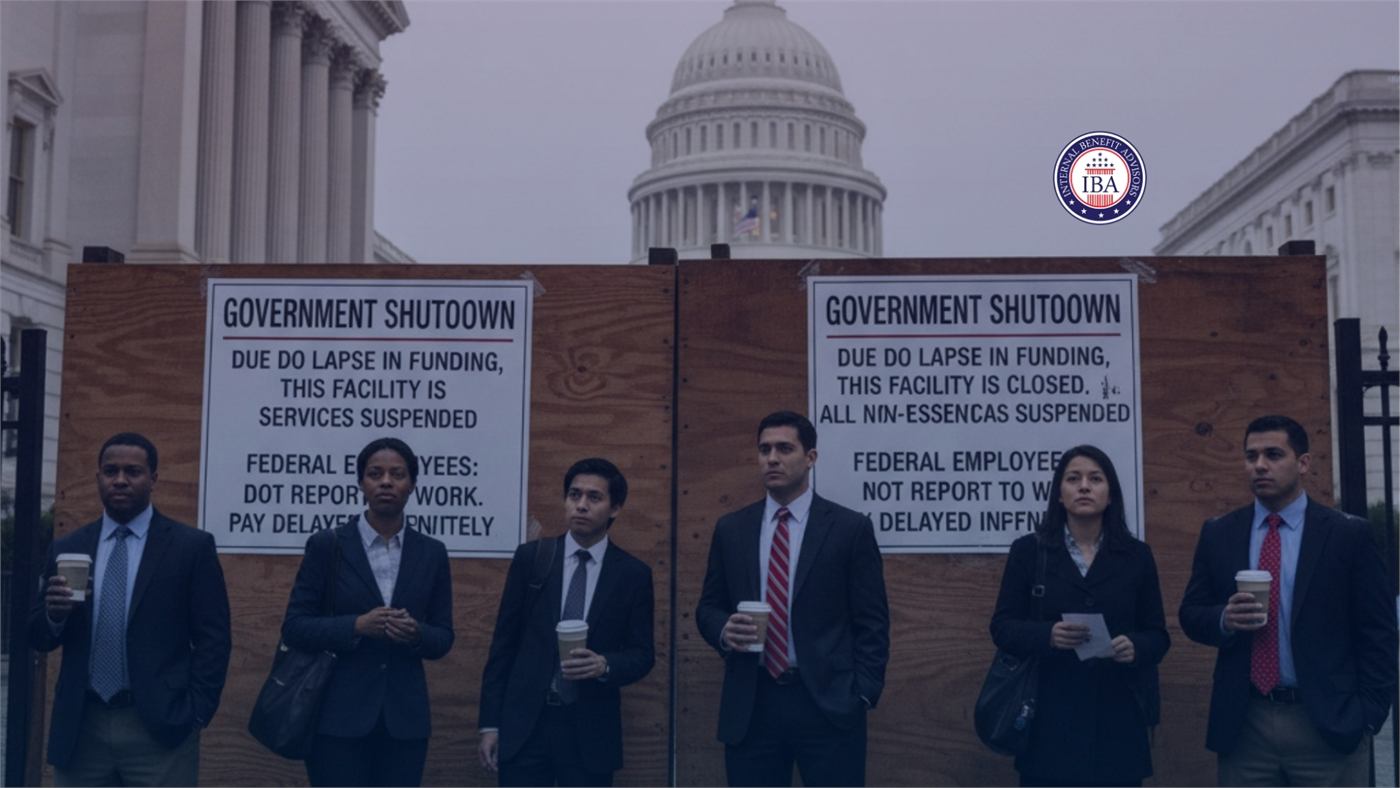 Federal employees standing outside a building whose doors carry notices reading Government Shutdown, Due to a Lapse in Funding This Facility Is Closed