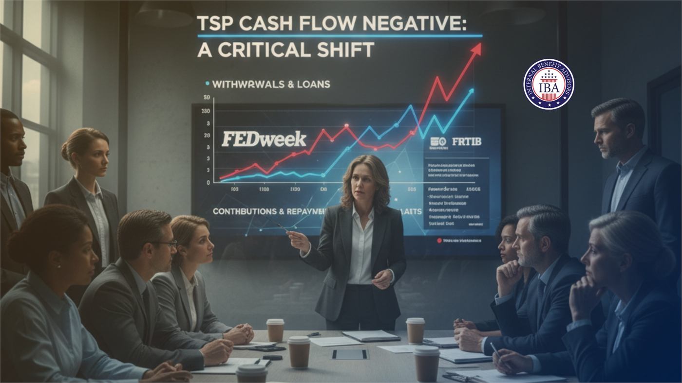 A woman presenting to colleagues in a boardroom beneath a screen reading TSP Cash Flow Negative: A Critical Shift, with a rising withdrawals chart