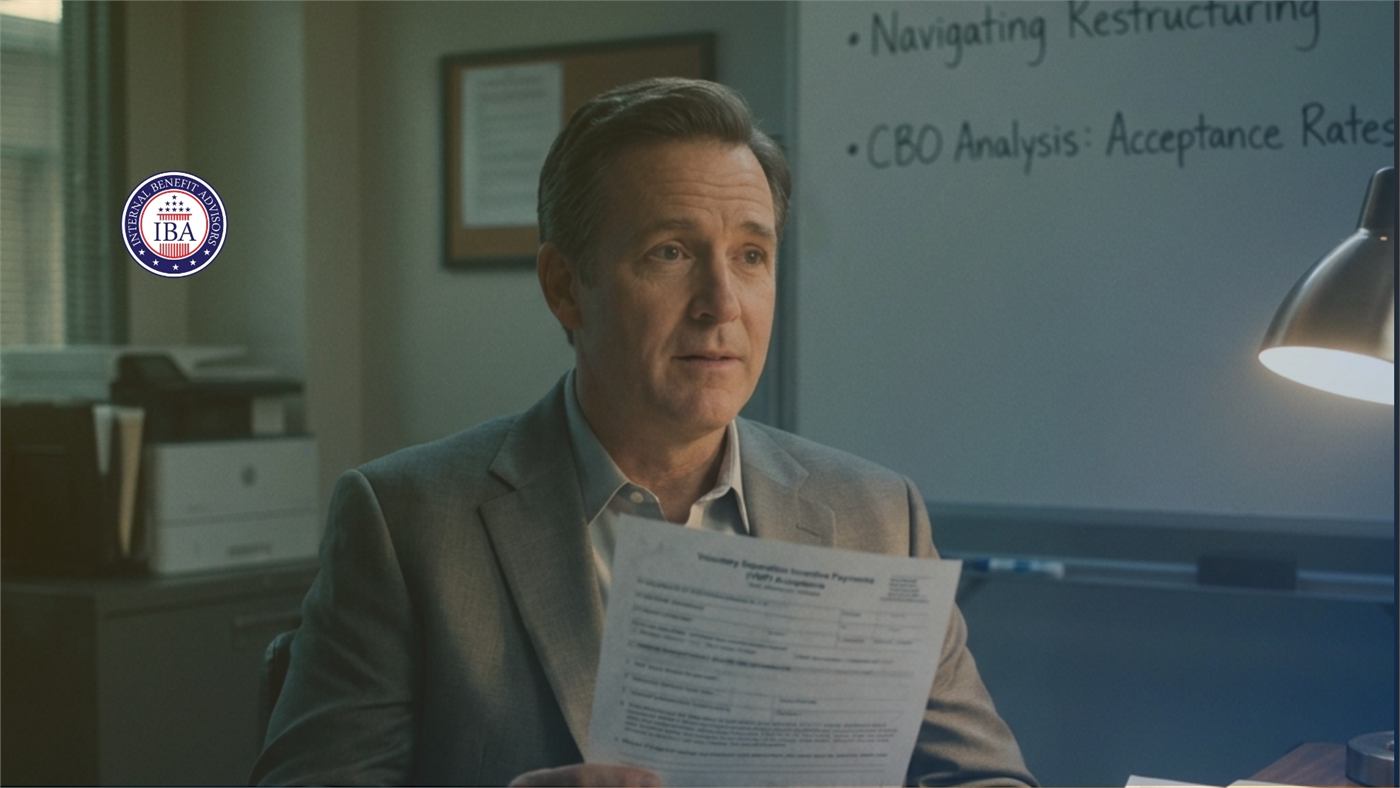 A man holding a printed document in an office, beneath handwritten notes reading Navigating Restructuring and CBO Analysis: Acceptance Rates