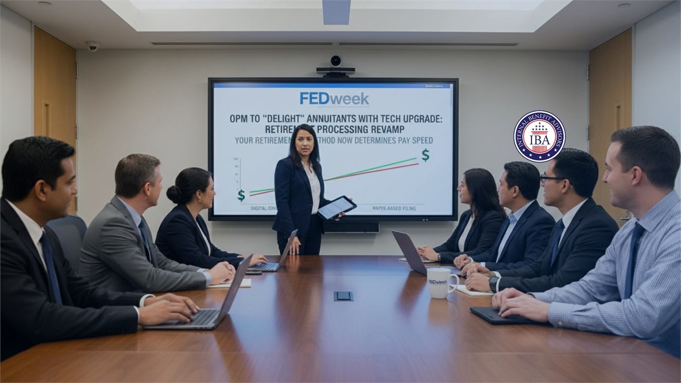 A woman presenting to colleagues in a boardroom beneath a slide reading OPM to Delight Annuitants with Tech Upgrade: Retirement Processing Revamp