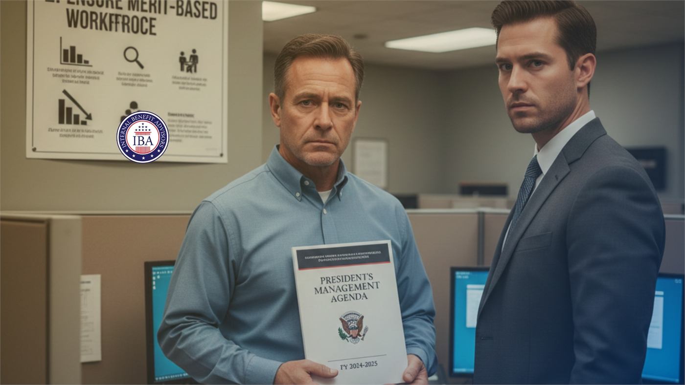 Two men in an office holding a President's Management Agenda document, beneath a poster reading Ensure Merit-Based Workforce