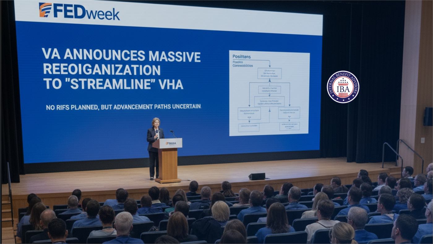 A speaker addressing an auditorium beneath a slide reading VA Announces Massive Reorganization to Streamline VHA