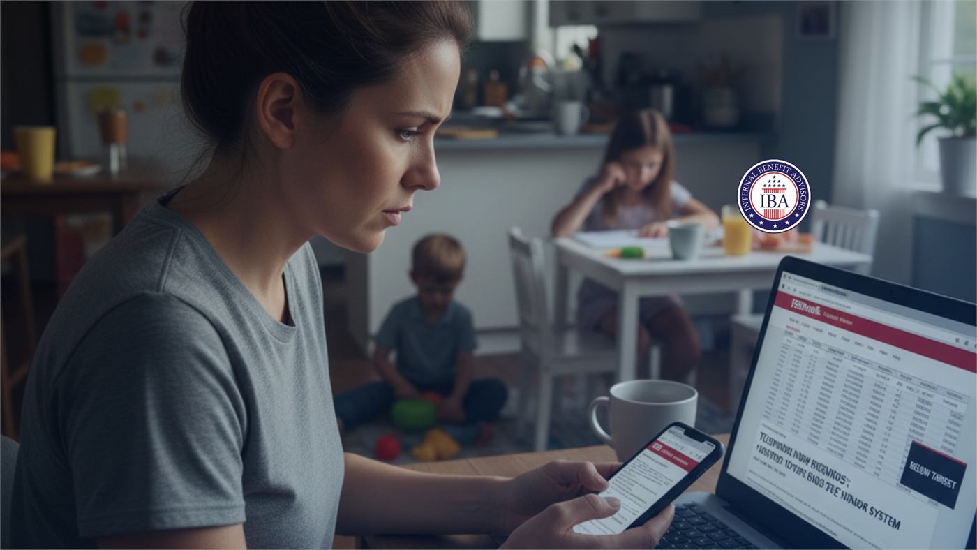 A woman at a kitchen table checking her phone and a laptop showing account balances, a child playing behind her