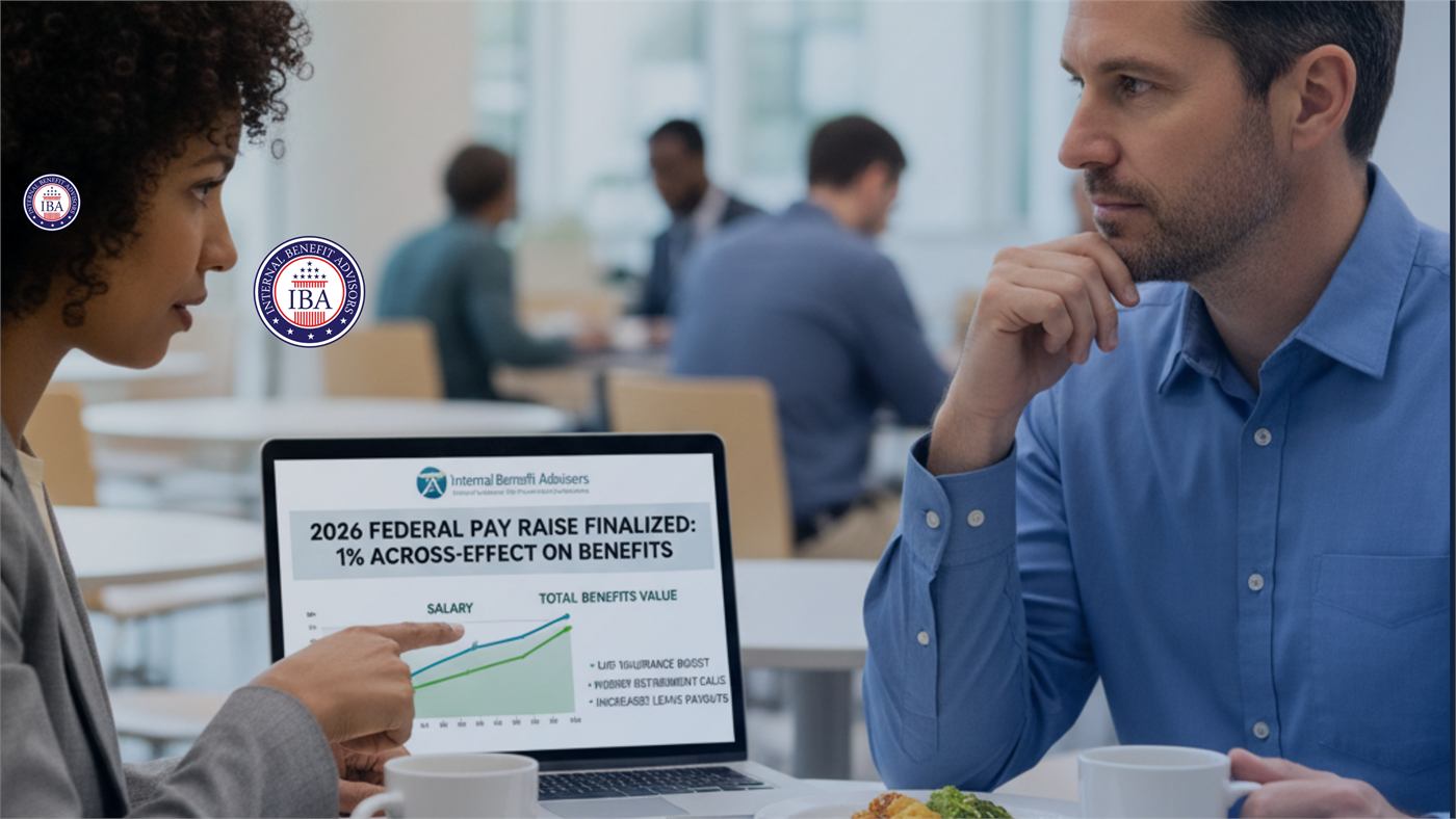 Two colleagues talking over lunch beside a laptop showing a slide reading 2026 Federal Pay Raise Finalized: 1 percent, and its effect on benefits