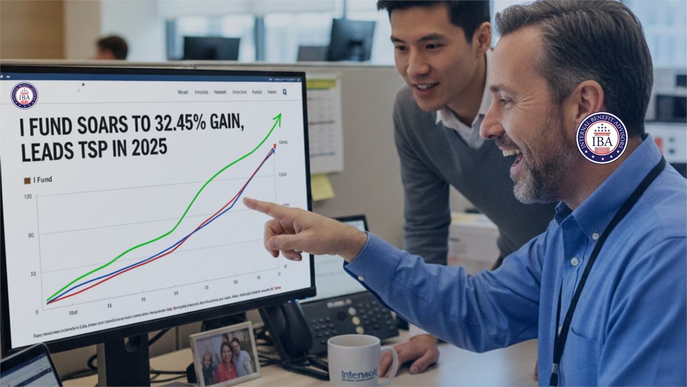 Two colleagues at a monitor showing a chart headed I Fund Soars to 32.45 percent Gain, Leads TSP in 2025