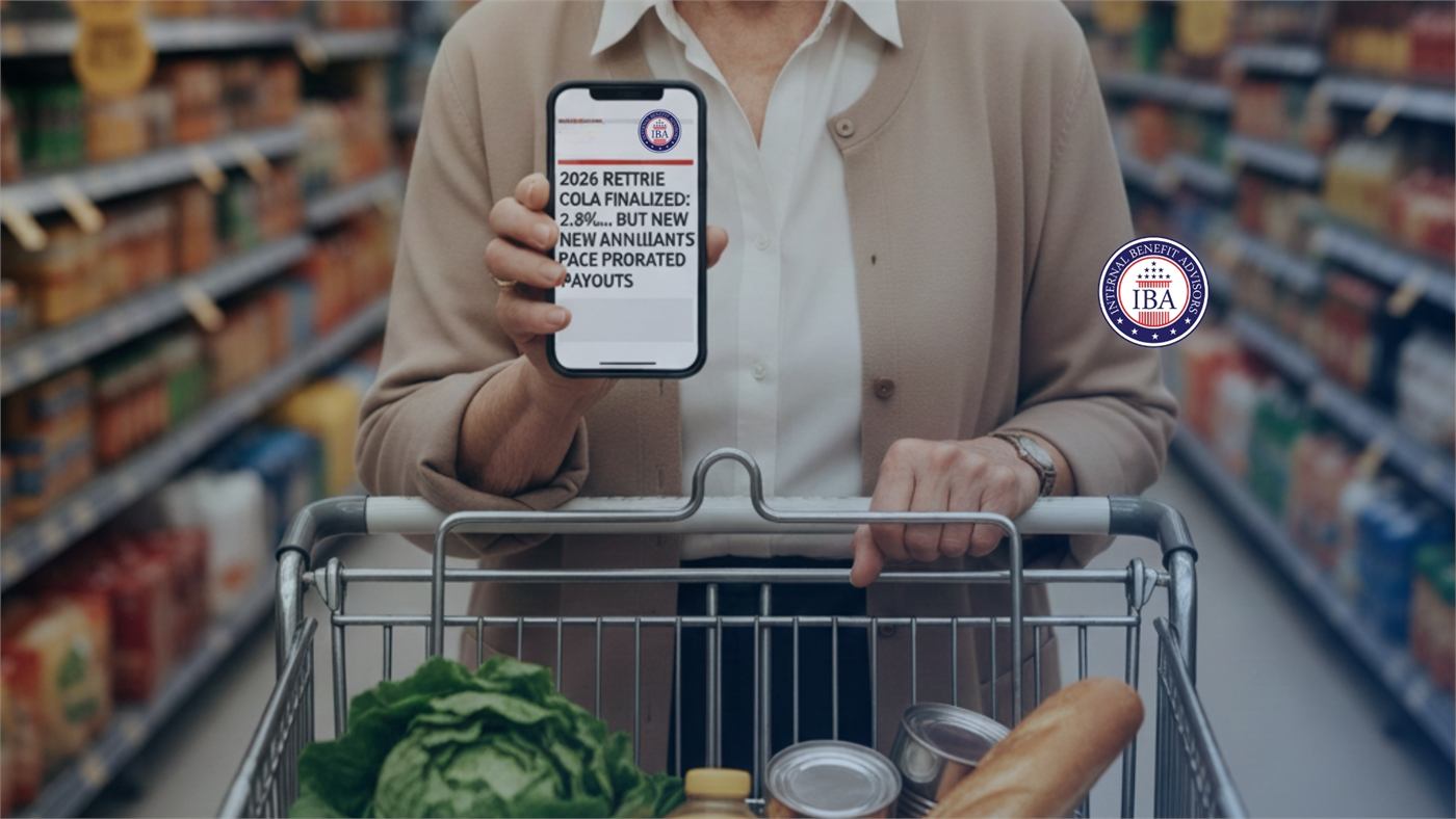 An older woman in a supermarket aisle holding a phone showing a notice that the 2026 retiree COLA is finalized at 2.8 percent