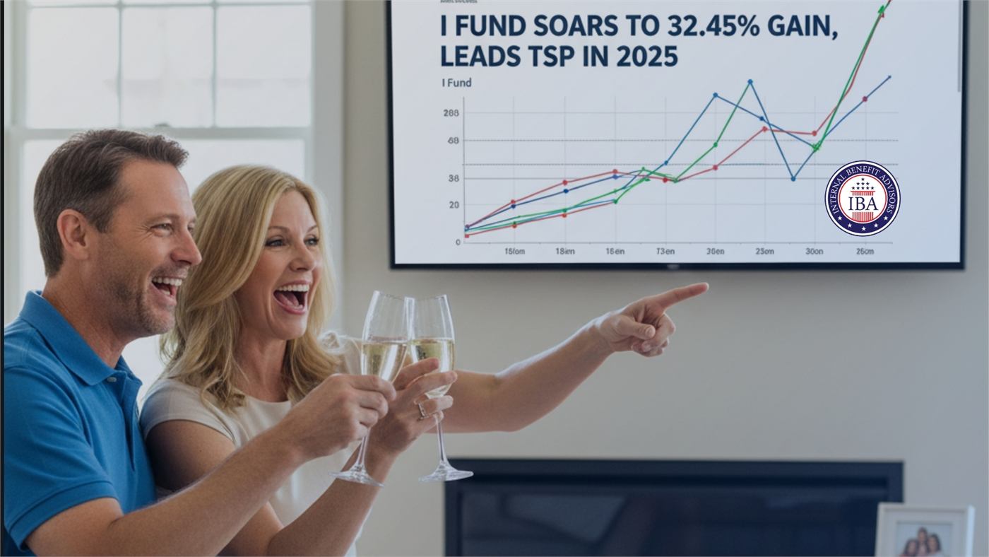 A couple raising glasses in front of a screen showing a chart headed I Fund Soars to 32.45 percent Gain, Leads TSP in 2025