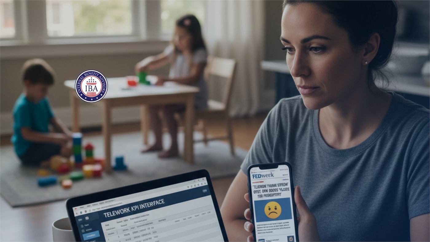 A woman at a laptop showing a telework interface while children play behind her
