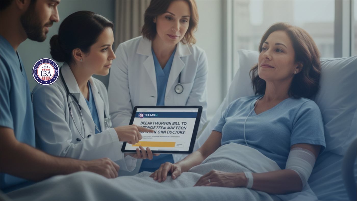 Nurses and a doctor at a patient's bedside, one holding a tablet showing a notice about a bill to expand telehealth access