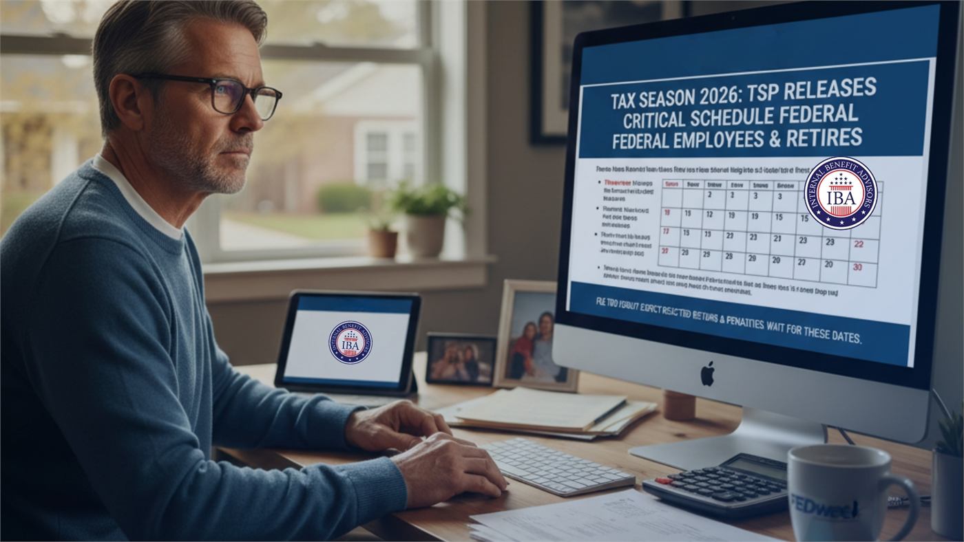 A man at a desktop computer showing a slide reading Tax Season 2026: TSP Releases Critical Schedule for Federal Employees and Retirees