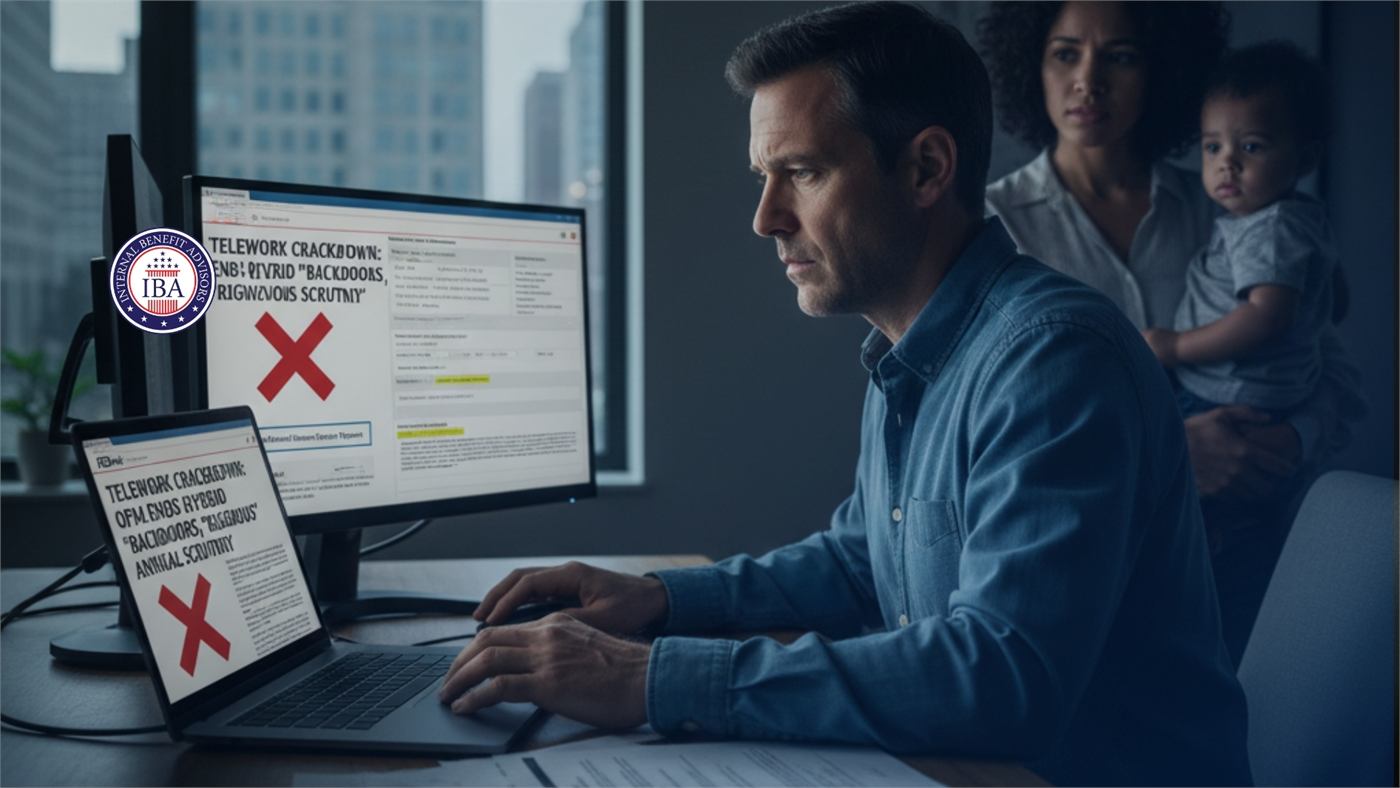 A man at a desk between two monitors marked with red crosses, beneath a panel about a telework crackdown and scrutiny of remote work