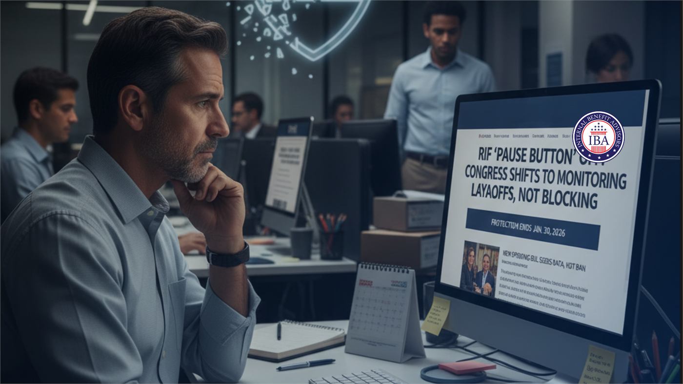 A man at an office desk beside a monitor reading RIF Pause Button: Congress Shifts to Monitoring Layoffs, Not Blocking