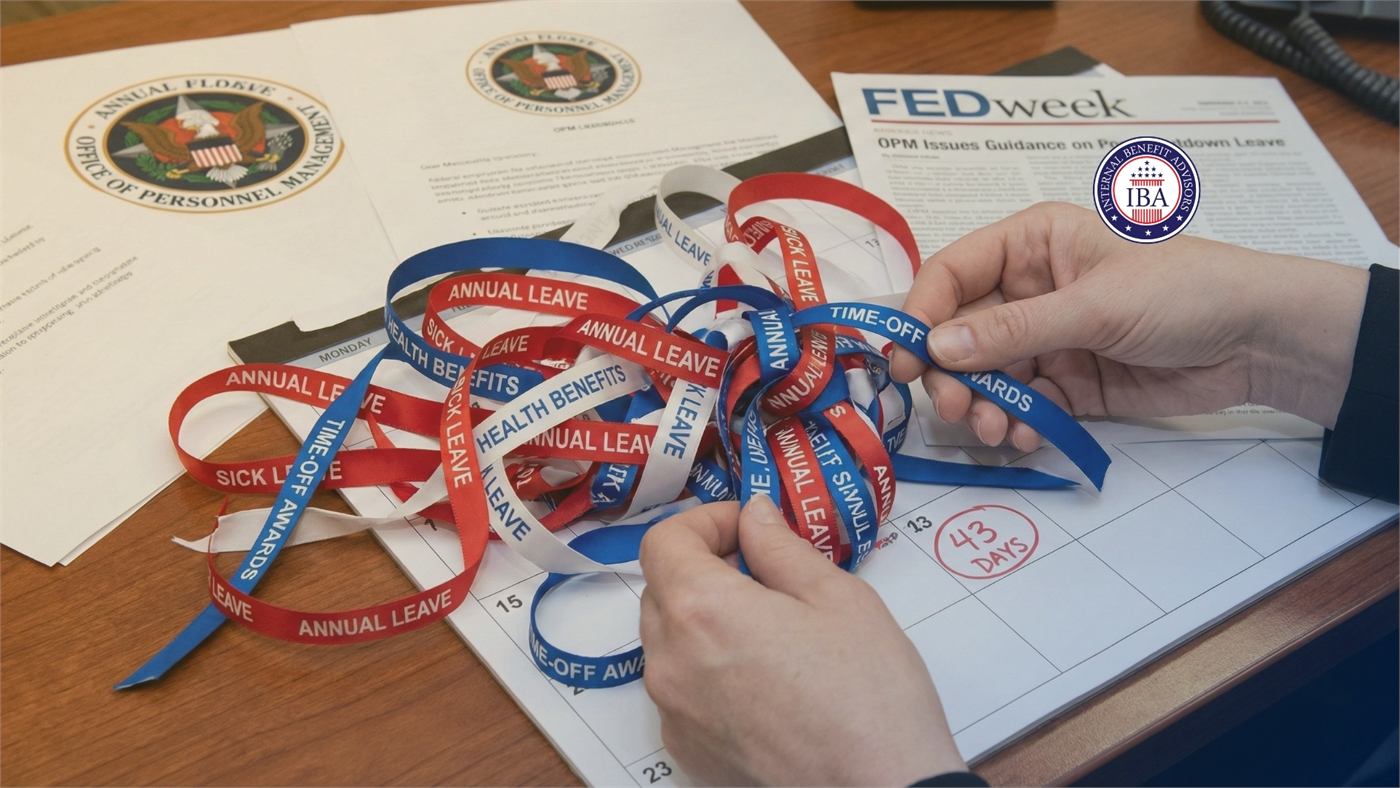 Hands sorting through cut paper ribbons labelled Annual Leave, Sick Leave and Health Benefits on a desk beside an OPM guidance document