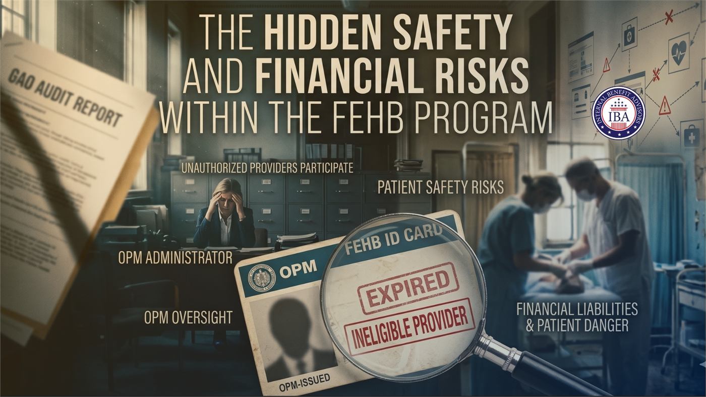 An illustration headed The Hidden Safety and Financial Risks Within the FEHB Program, showing an expired ineligible provider ID card under a magnifying glass