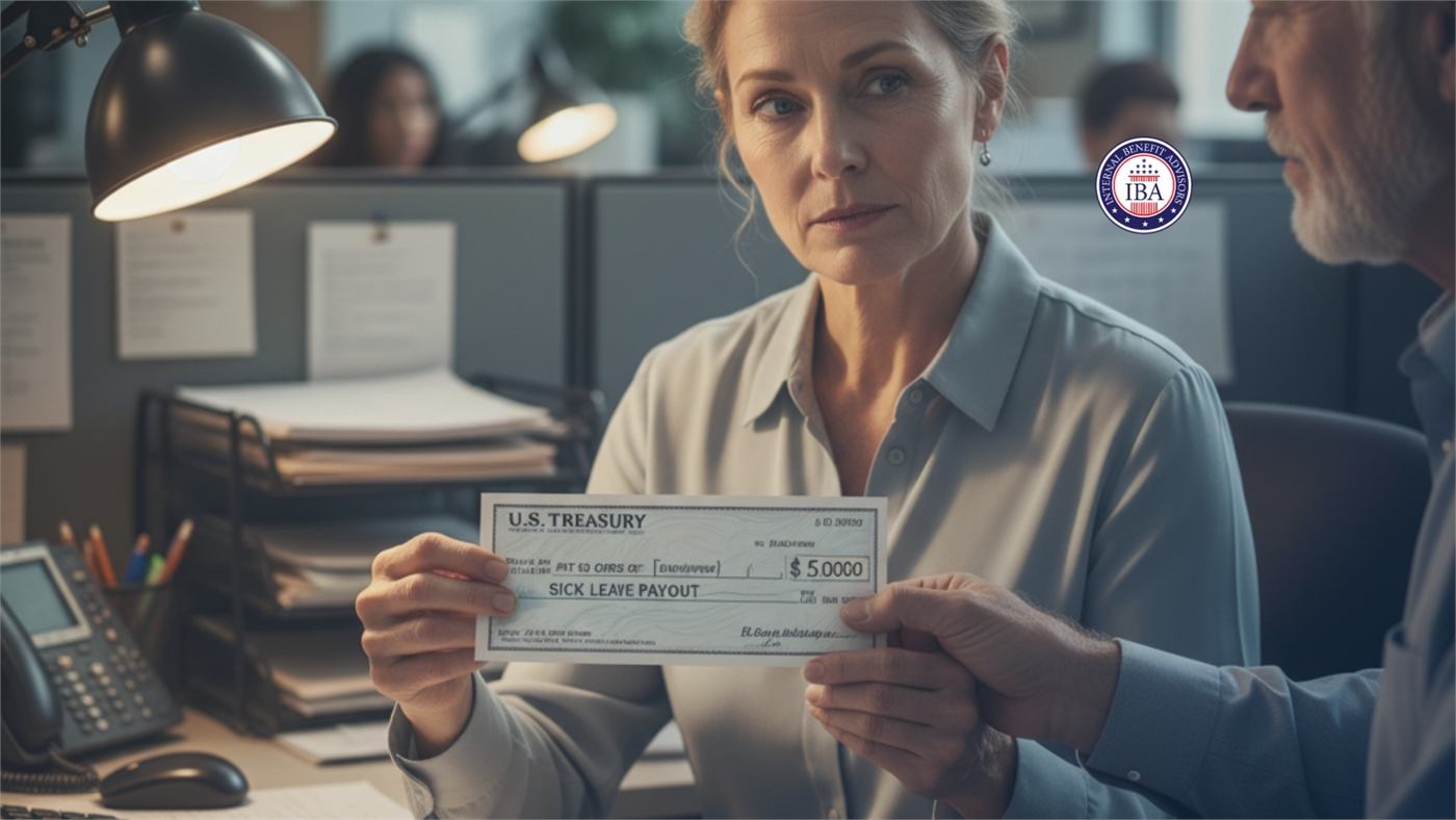 A woman at a desk holding a US Treasury check for a sick leave payout
