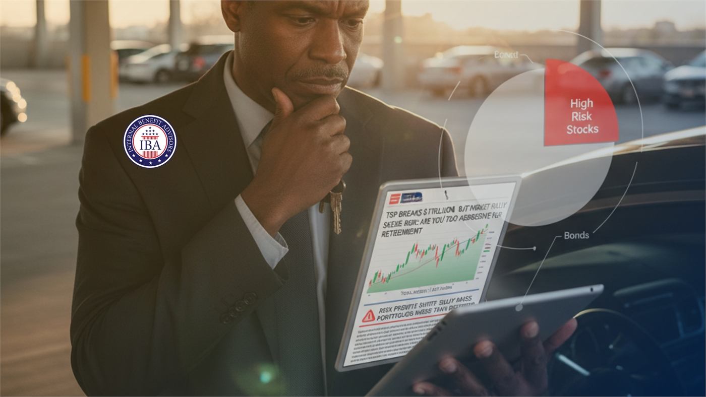 A man in a suit studying a tablet showing a fund allocation chart, with panels marked High Risk Stocks and Bonds