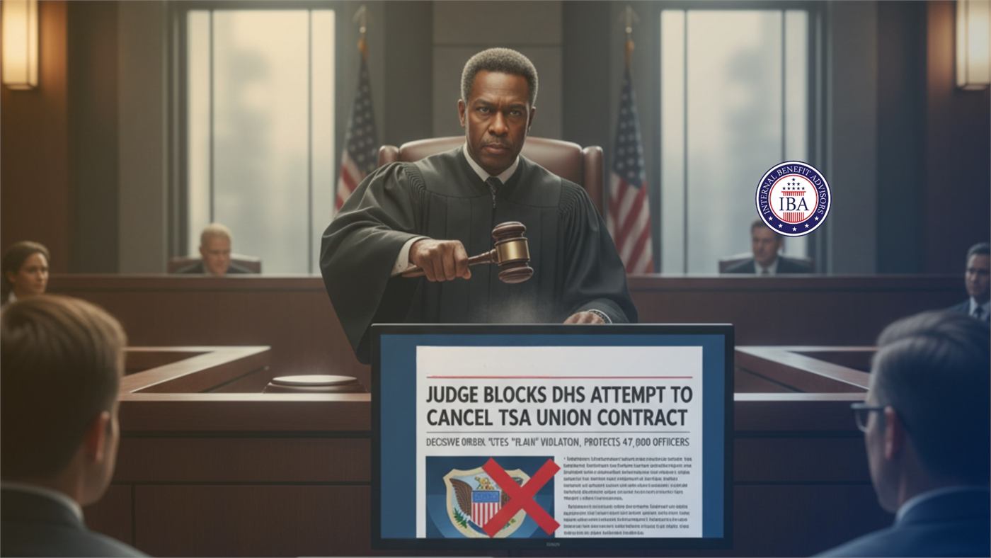 A judge bringing down a gavel above a caption reading Judge Blocks DHS Attempt to Cancel TSA Union Contract