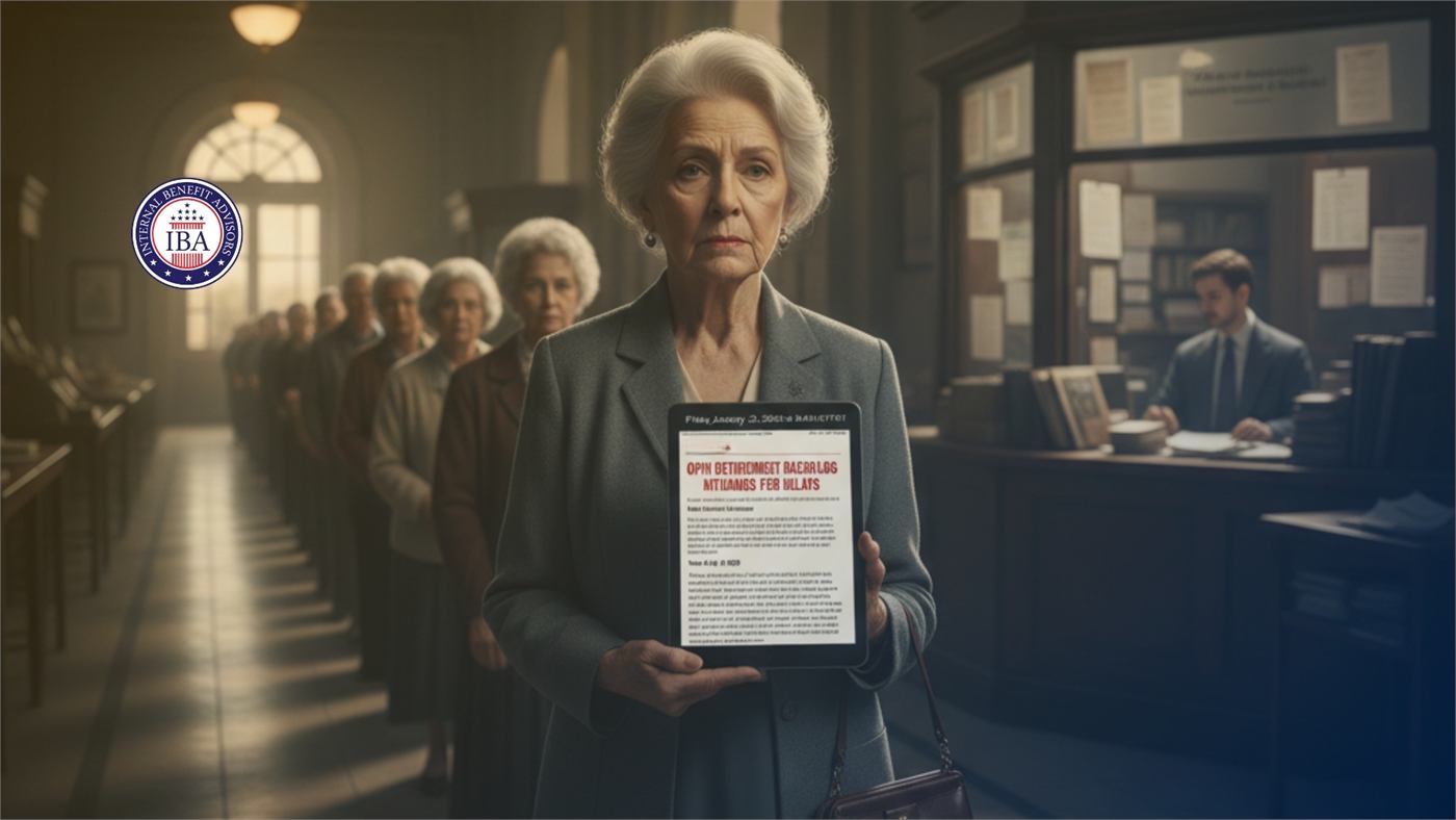 An older woman holding a tablet in a corridor of waiting people, beneath a notice about an OPM retirement backlog