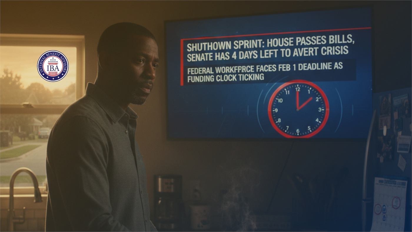 A man looking at a screen reading Shutdown Sprint: House Passes Bills, Senate Has 4 Days Left to Avert Crisis, with a clock graphic