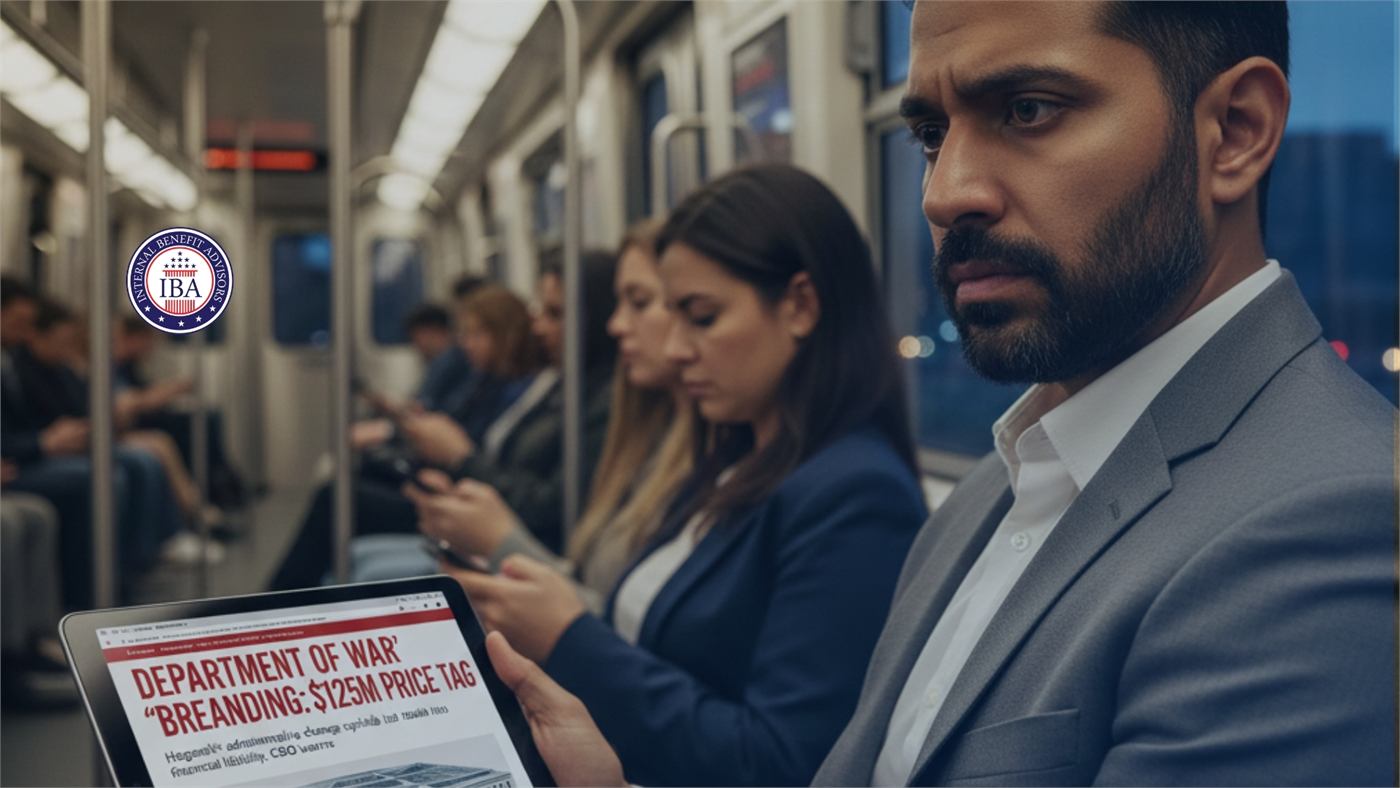 Commuters on a train, one reading a tablet showing a headline about a Department of War rebranding and its price tag